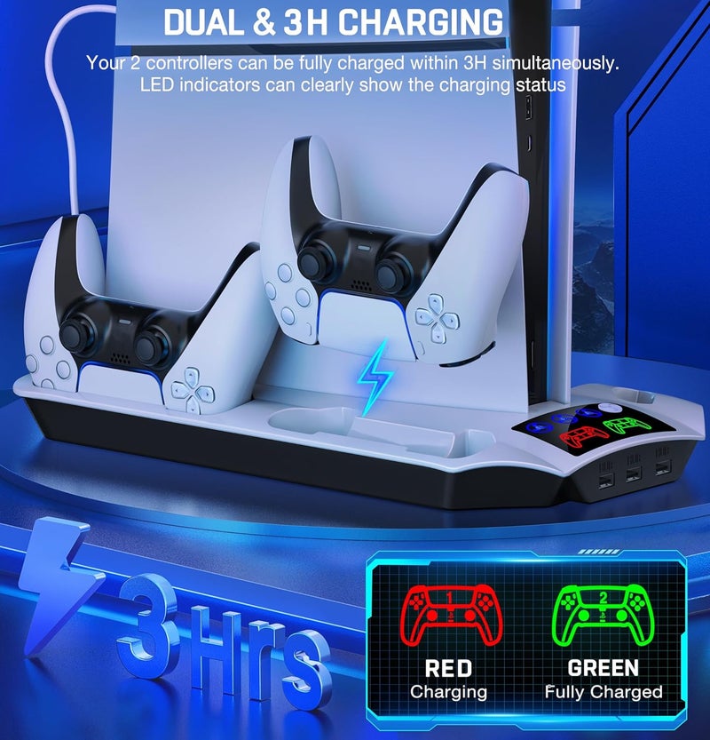 Svetaecho PS5 Slim Stand and Turbo Cooling Station with Controllers Charger Station for Playstation 5, PS5 Pro Console Accessories with 3 Levels Cooling Fan 13-Game Organizer Headset Holder for PS5 Digital/Disc - Image 3